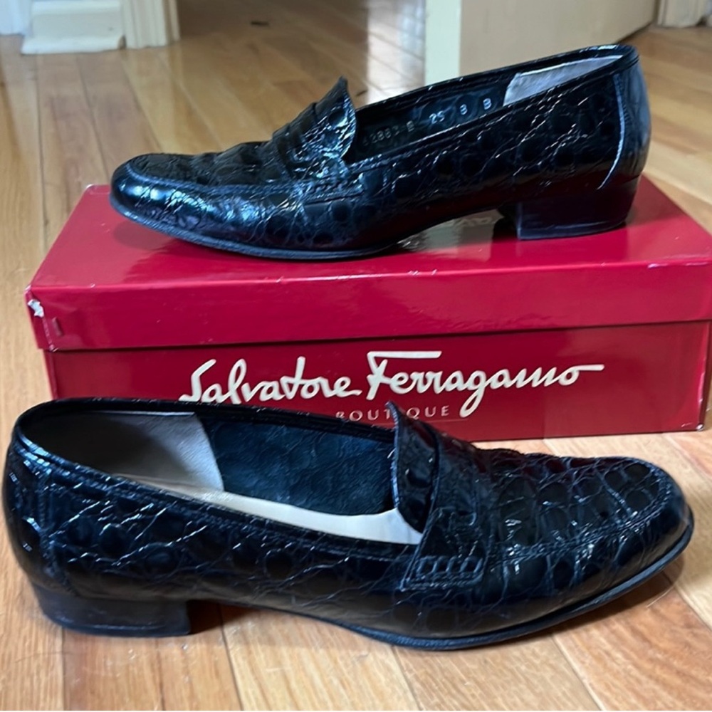 Ferragamo Nevada Nero Calf Croc Loafers